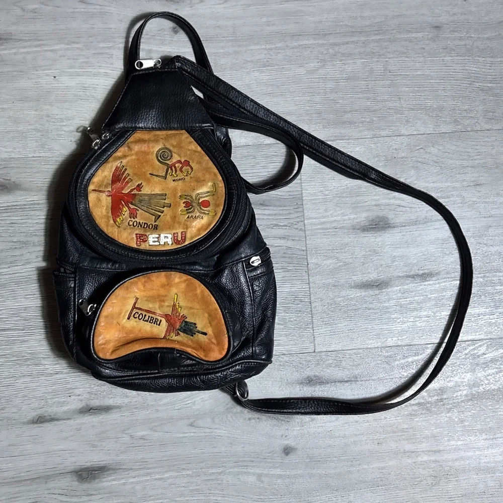 Vintage Peru Leather Backpack Hand Painted Condor Inca‎ Symbols Small Daypack